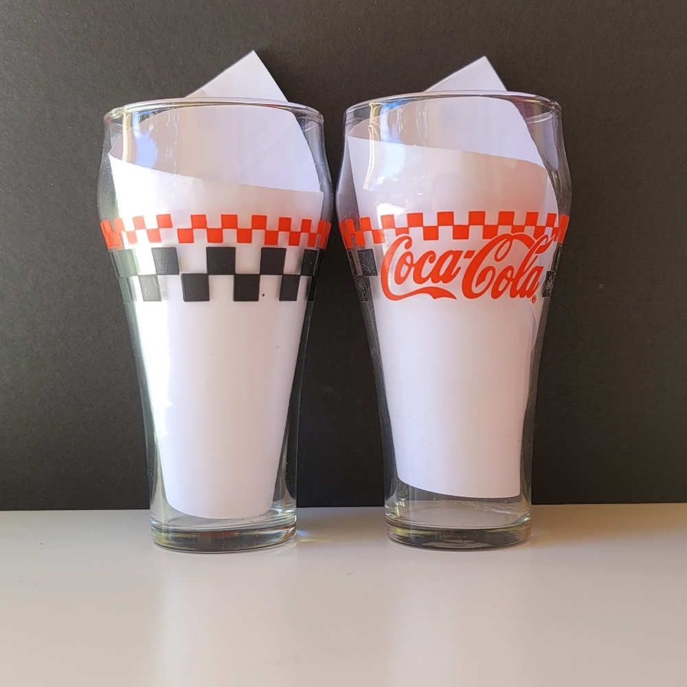 Set of 2 Coca Cola Red and Black Race Track Glass Tumbler Vintage Enjoy Coke